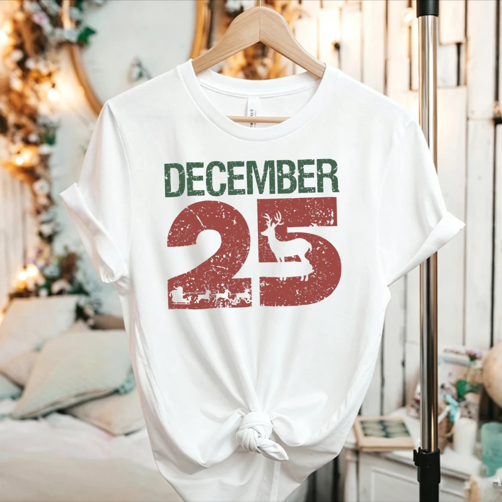 December 25 Christmas Vintage Distressed Graphic T‑Shirt Crew Neck Short Sleeve Cotton Reindeer Sleigh Retro Print Casual Tops