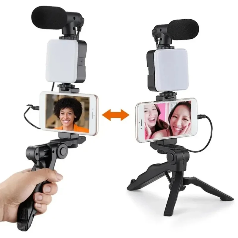 

Smartphone Vlogging Kit with Tripod Bluetooth Remote Control Phone Holder Mic Adjustable LED Light for TikTok Live Stream Video