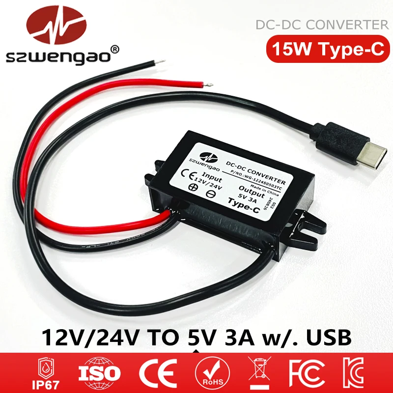 szwengao 12V 24V to 5V 3A 15W Buck Converter Micro Mini Type-C USB Charger Car Step Down Voltage Regulator Waterproof