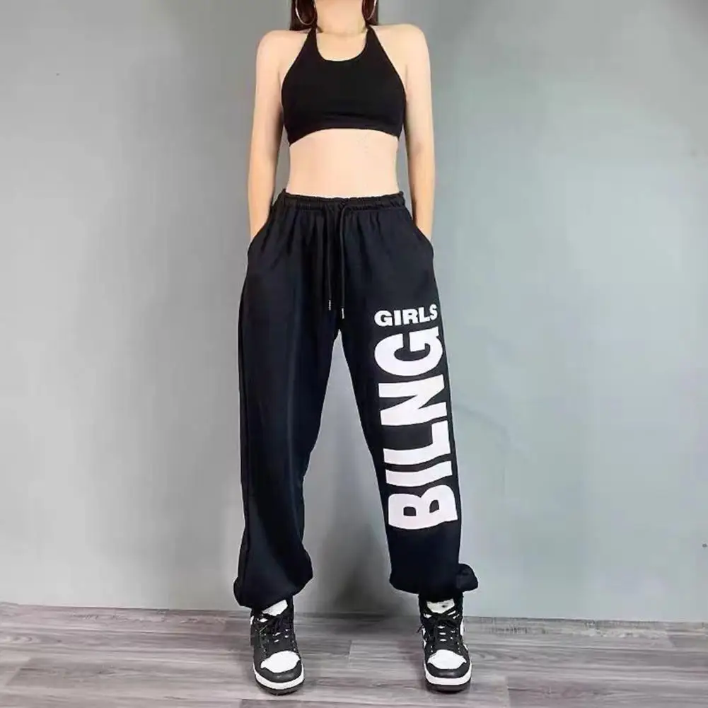 Letter Print Sweatpants Drawstring Hip Hop High Street Dance Pants Women Casual Exercise Pants Elastic Waist Loose Baggy Pants