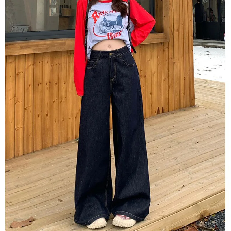 

Girls Fashion Dark Blue Straight Leg Jeans Female Chic Retro High Waist Denim Pants Women Korean Loose Fit Casual Trousers