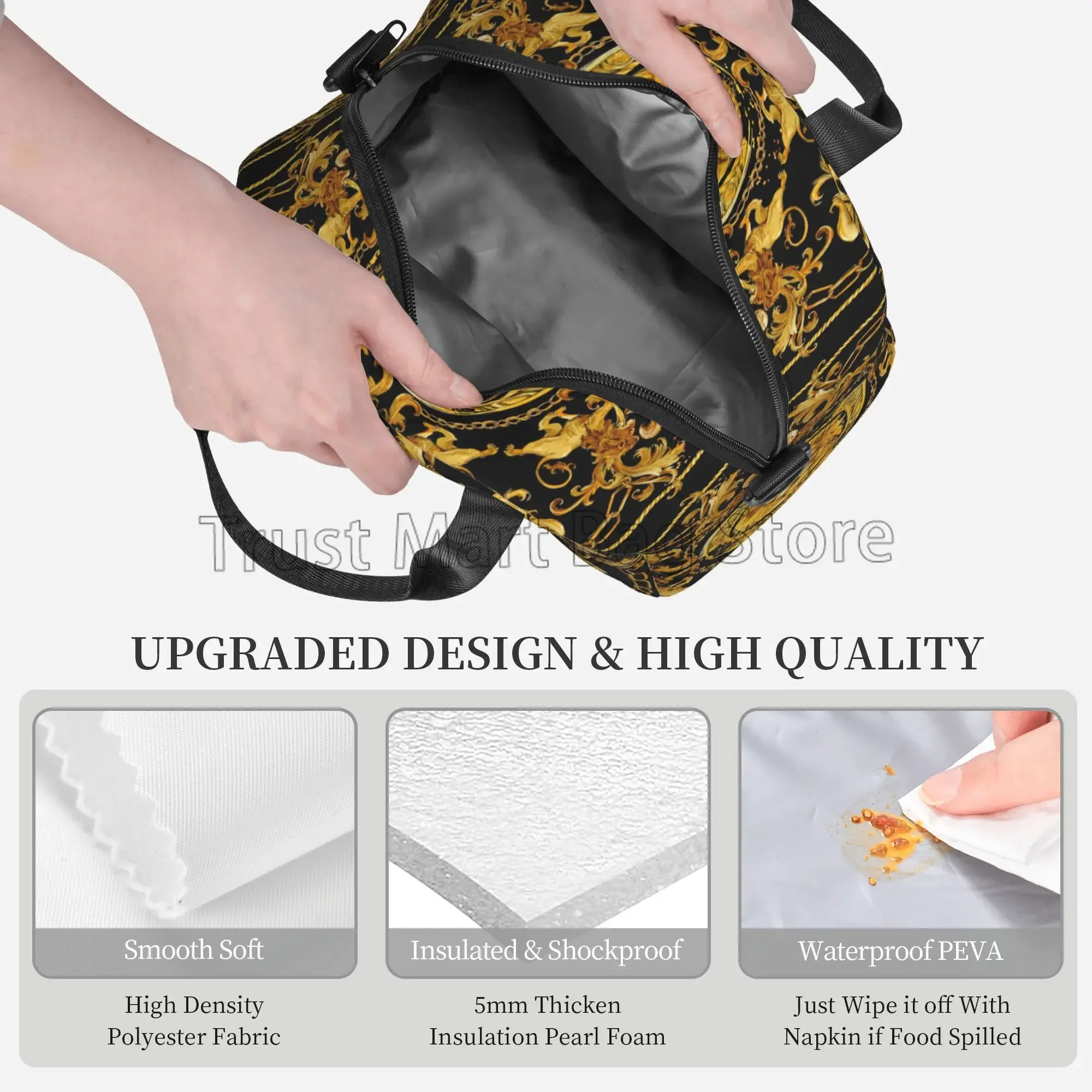 Golden Lion Baroque Print Thermal Lunch Box Reusable Large Capacity Insulated Bento Tote Bags for Work School Picnic Travel