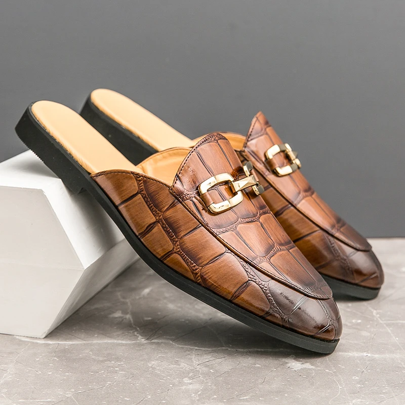 Designer Brand Mens Casual Buckle Leather Luxury Business Italian 38~47 Men Half Shoes Sandals Mules Man Loafers Slides Slippers