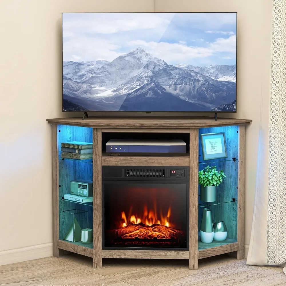 Electric Fireplace Corner TV Stand for TVs Up to 50 Inches, Modern Fireplace Entertainment Center with 16-Color LED Lights.