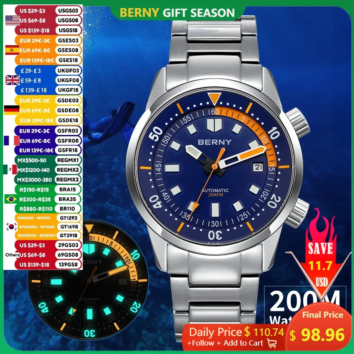 BERNY Diver Watches for Men 20AMT Super Luminous Automatic Mechanical Men\'s Dive Watch Full Stainless Steel 42mm Sapphire Diving