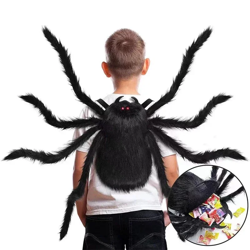 Creative Halloween Candy Pocket Black Plush Spider Costume Party Props Backpack Clothing Accessories Halloween Spider Strap