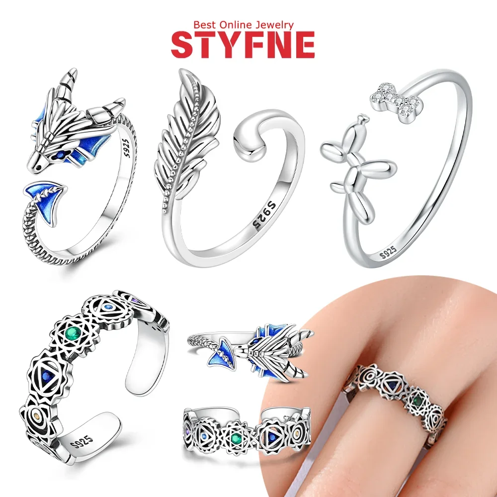 Animal Rings 925 Silver Retro Balloon Dog Zircon Bone Dragon Feather Open Ring for Women Birthday Anniversary Jewelry Fine Gift