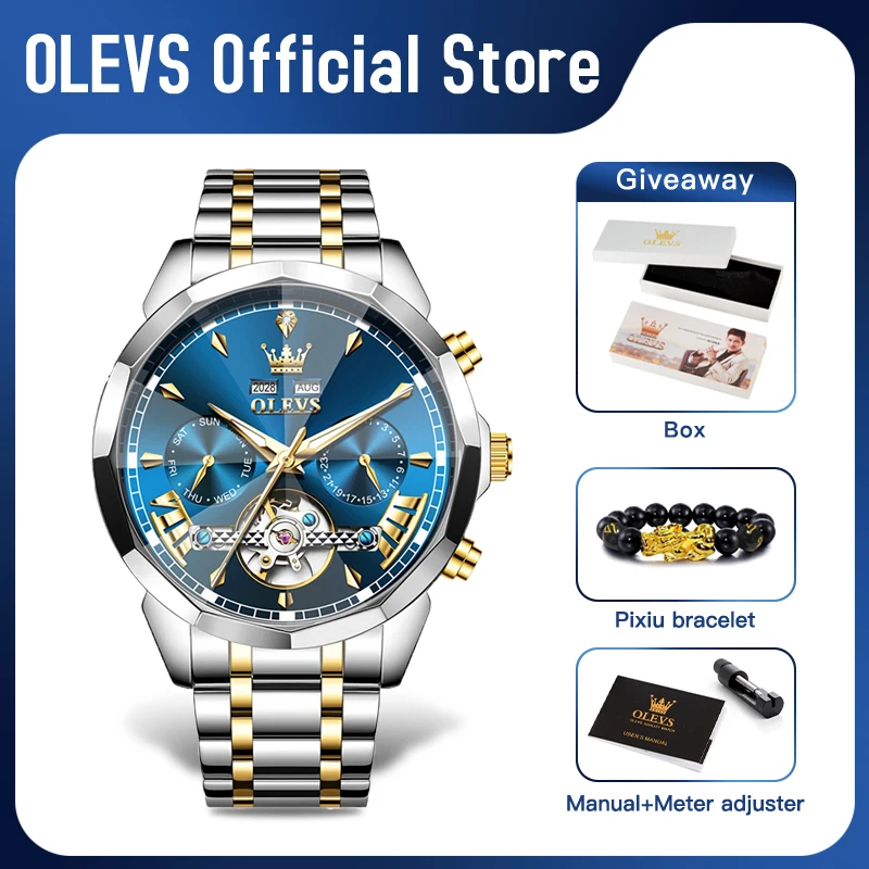 OLEVS 6619 Mens Watch Original Brand Tourbillon Automatic Mechanical Watch Waterproof Watch For Men Dual Calendar Watch Gifts