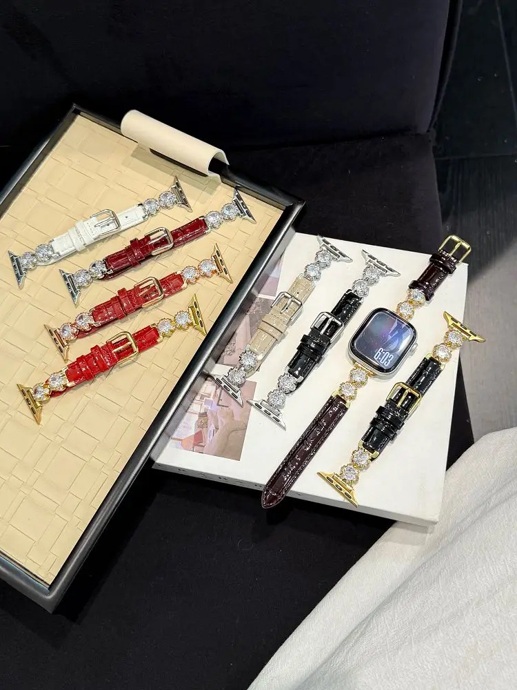 

Diamond Genuine Leather Watch Bands for Apple Watch Band 38/40/41/42/44/45/49/46mm Slim Dressy Strap for iWatch S11/10/9/8/7/6/5