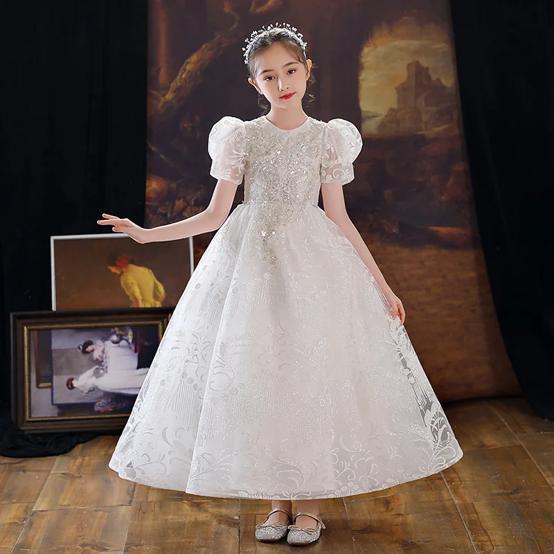 

White Lace Girl Princess Dress for Party Ball Gown Sequin Tulle Wedding Dresses Kids Christmas Bridesmaid Performance Costume