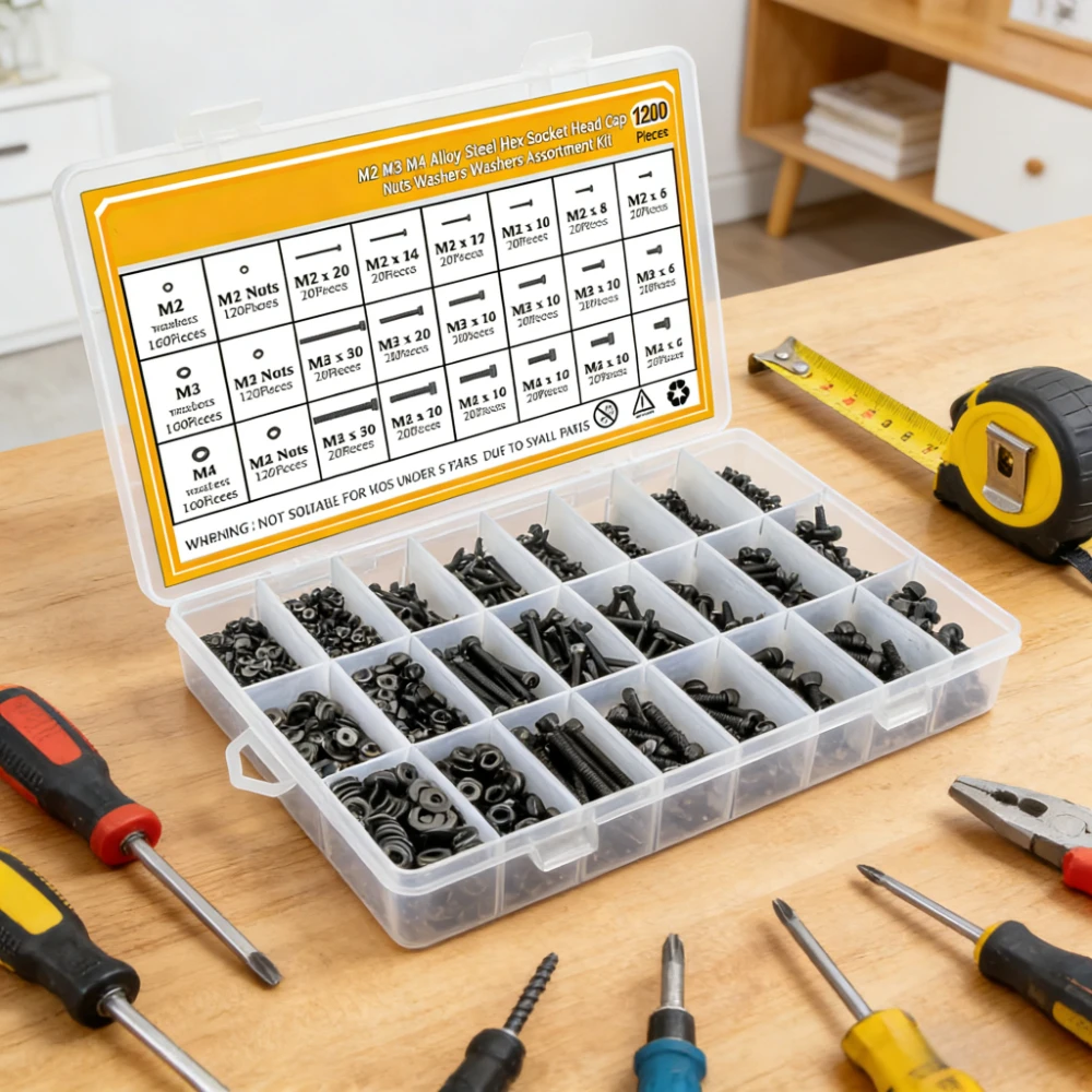 

1200Pcs screw set M2M3M4*6/8/10/12/16/20/30 black Alloy steel Hexagon Hex Socket Head cap Screw Washer Nut Kit Assortment Kit