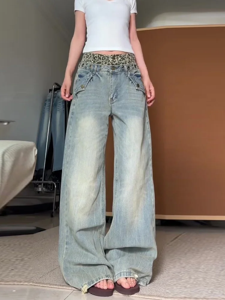 

Washed out High Street Style Leopard Print High Waist Double Waistline Jeans Women Summer Pear Shaped Body Design Wide Leg Pants