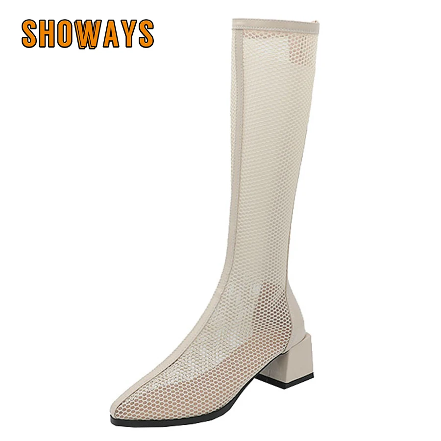 Fashion Women Summer Knee High Boots Black Beige Mesh Square Heel Sexy Party Club Lady Zipper Pointed Toe Breathable Short Boots