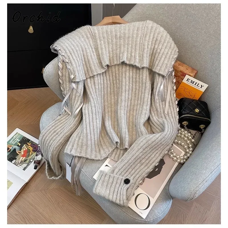 Women Luxury Lace-up Knitting Long Sleeve V-Neck Cardigans 2024 Winter Fashion Casual Single Breasted Warm Solid Sweater