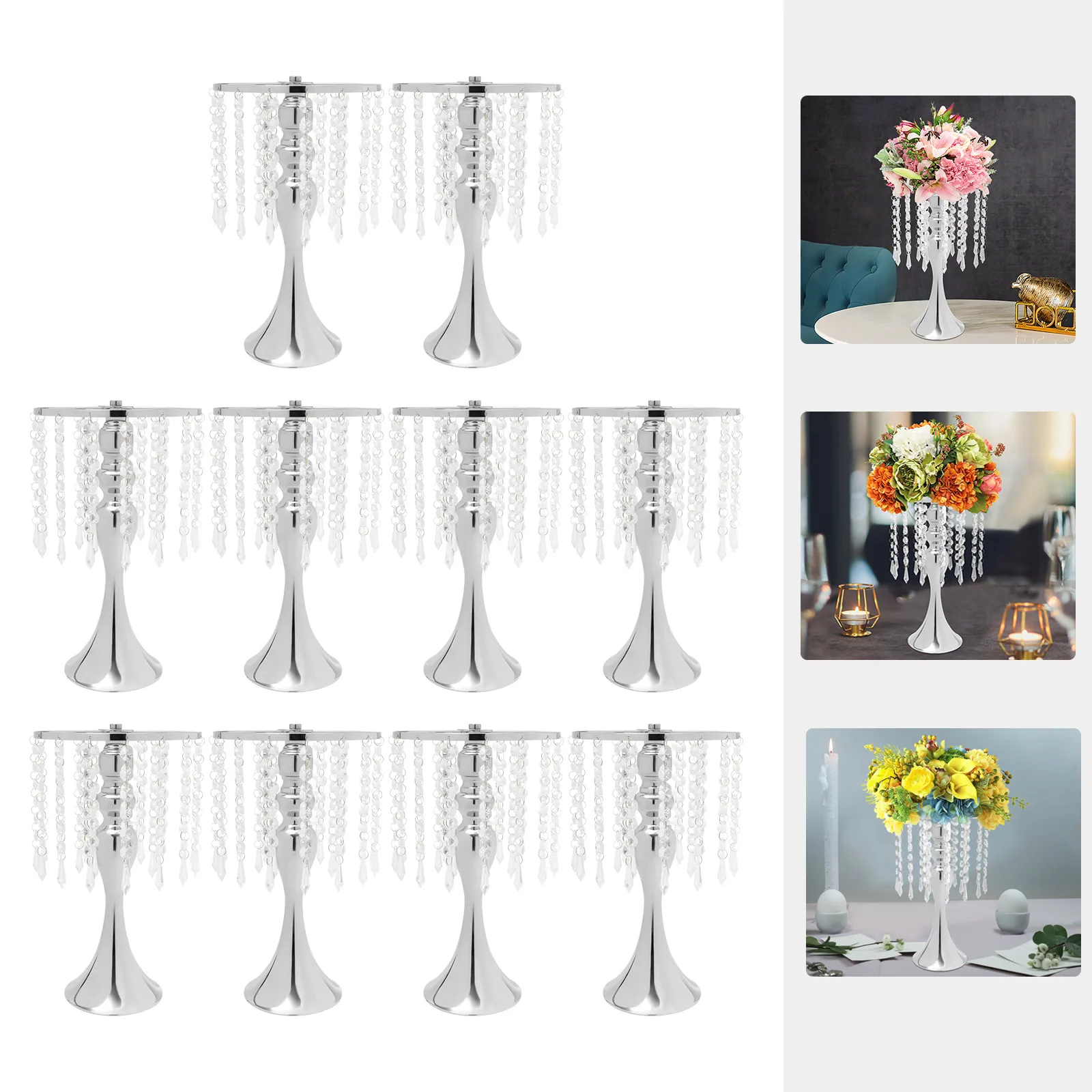 

10 PCS Golden/Sliver Crystal Flower Holders Centerpiece Metal Flower Vase with Stable Base for Wedding Party Event Decor
