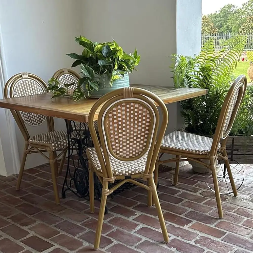 

Patio Dining Chair Set of 2 Outdoor Aluminium in Bamboo Finish with Amber & White Woven Rattan for Indoor Kitchen Deck Bistros C