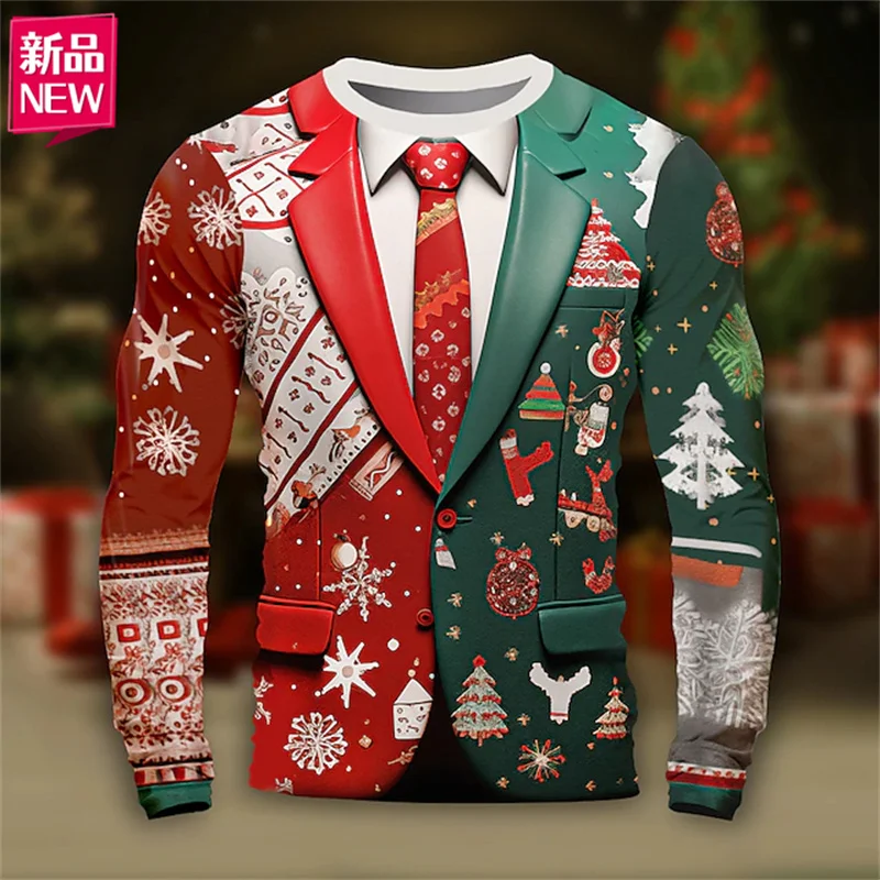 Happy Christmas 3d Printing Long Sleeve T Shirt Suit Lapels Christmas Cosplay Graphic  Long Sleeve Crew Neck Shirt Mens Clothing