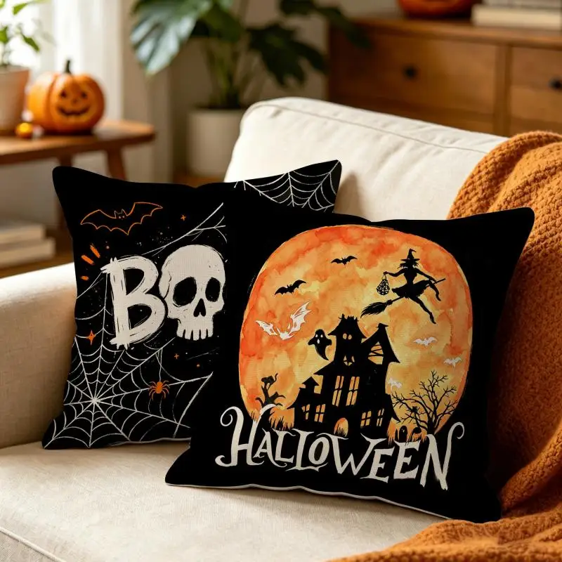 2 Stück Halloween-Kissenbezüge mit Aufdruck, gruselige Atmosphäre, Kissenhülle für Wohnzimmer, dekorative Sofakissenbezüge 45x45cm – Detail 4