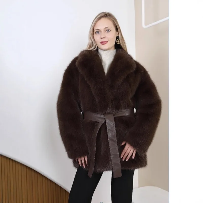 Women's Models Autumn Winter Tops Coat Faux Fur Mid-length Belt Thickened Warm Personalized Retro Simple Comfortable Versatile