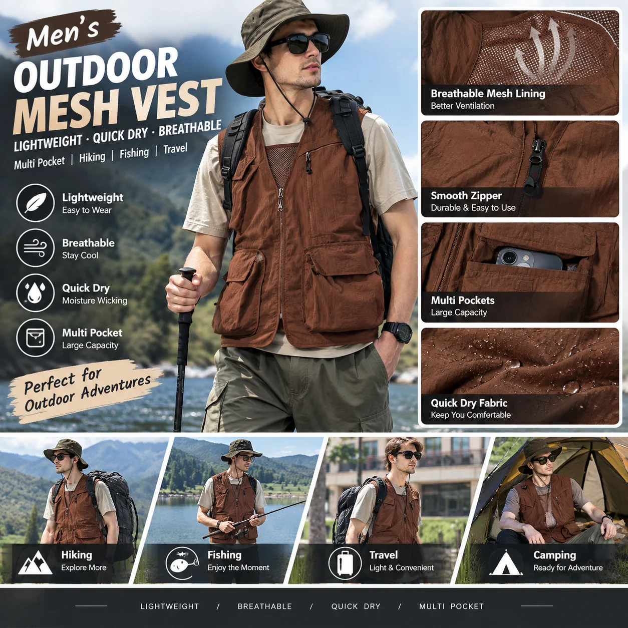 Men Summer Mesh Vest Lightweight Quick Dry Breathable Multi Pocket Outdoor Waistcoat Hiking Fishing Sleeveless Jacket