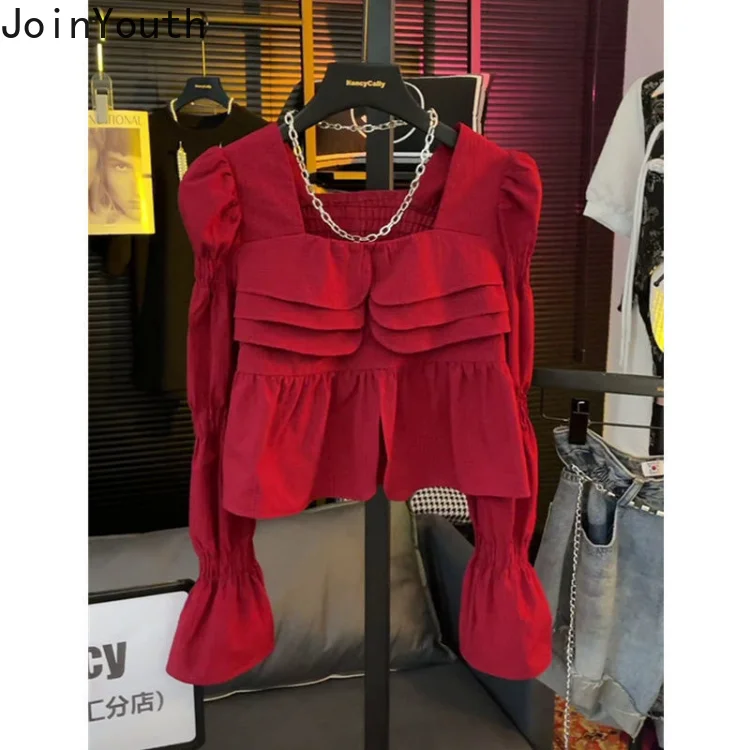 2023 Blusas Mujer De Moda Square Collar Slim Waist Blouse Women Folds Puff Sleeve Crop Tops Chic Korean Temperament Shirt 27m863