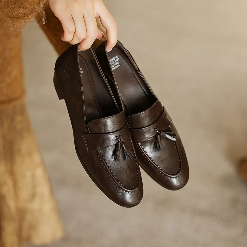 

Women's new spring and autumn genuine leather cowhide bow comfortable mid heel round toe loafers casual single shoes for walking