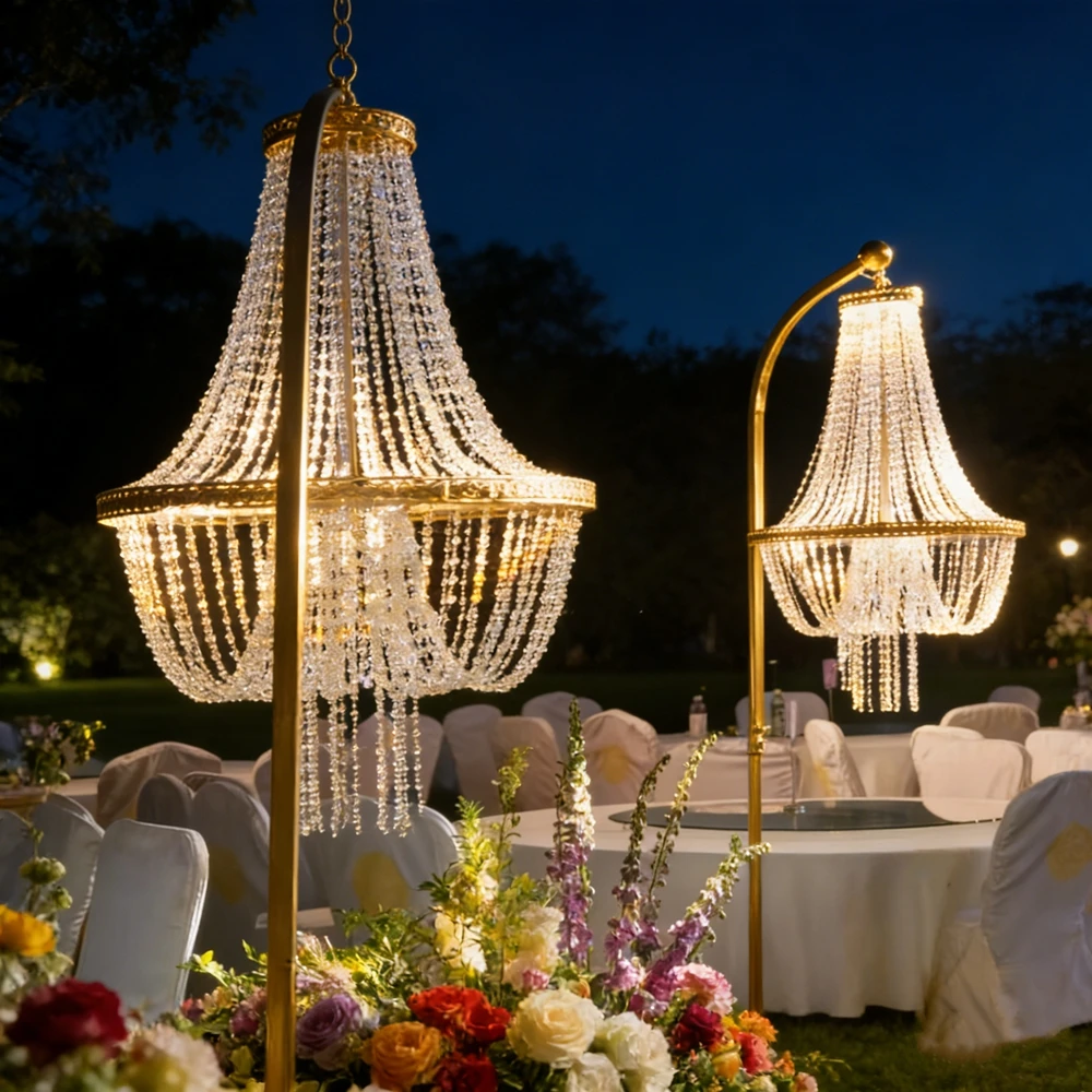4pcs Wedding Stage Aisle Decoration Chandelier Stand with Beads Chandeliers Arch Backdrop Stand for Events Decoration