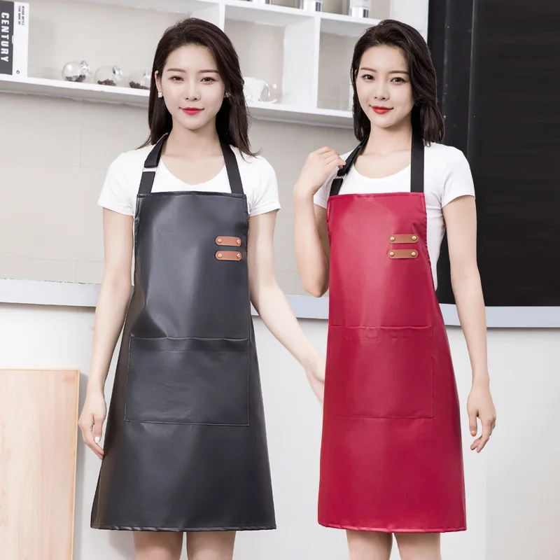 PU Leather Waterproof and Oil Resistant Apron Kitchen Workwear Home Cooking Cleaning Unisex Sleeveless Apron Adjustable