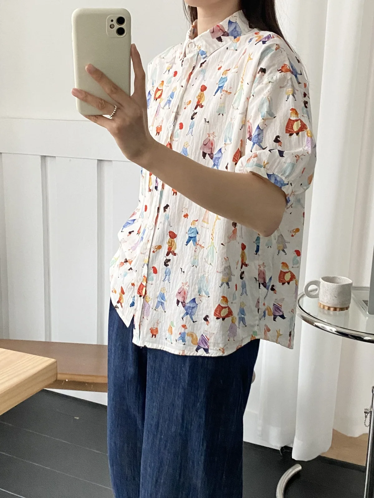 New Spring Cotton Cartoon Printed Shirt Women Lapel Half Sleeve Versatile Tops Girl Age Reduction Blouse 2024 Autumn T43089QC