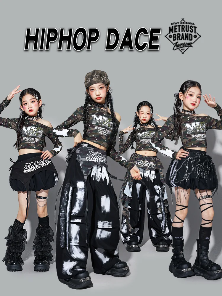 Girls K-pop Off Shoulder Camo Crop Top Graffiti Cargo Pants Street Dance Skirt Kids Hip Hop Jazz Clothes Set Child Group Costume