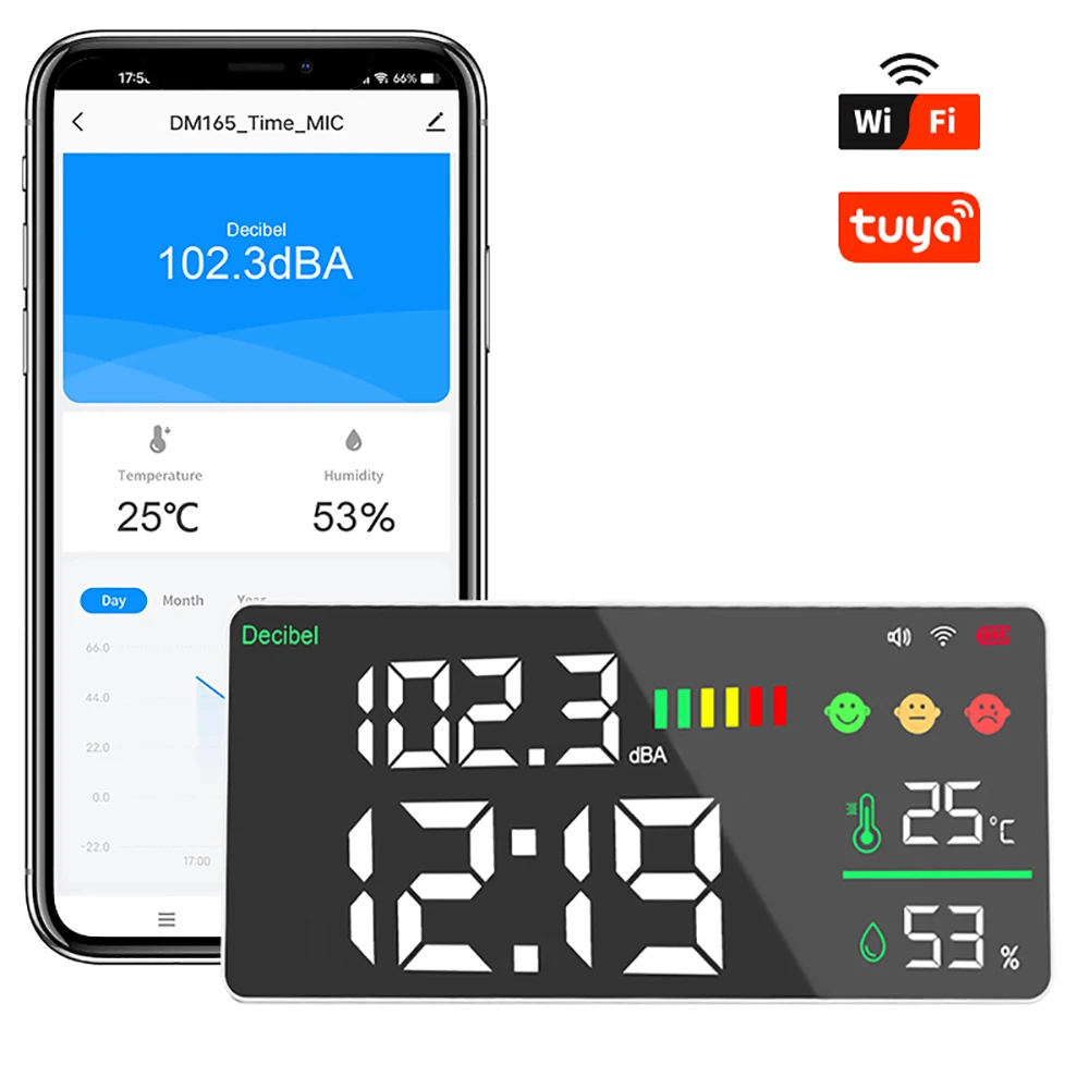 Dienmern DM165A WIFI Detector de decibelios de ruido montado en la pared pantalla LED temperatura/humedad/valor de tiempo conexión WIFI Tuya