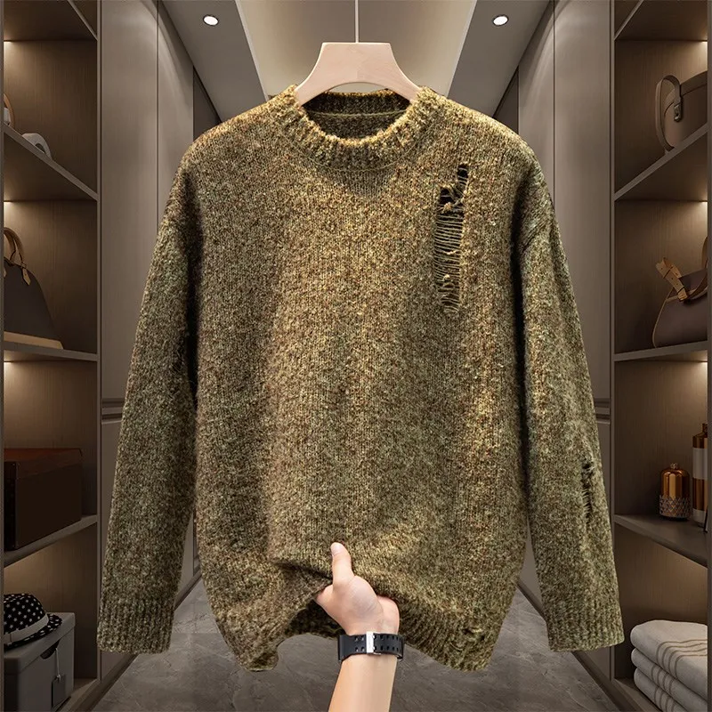 

Мужской свободный зимний вязаный свитер с дырками в корейском стиле, молодежный, новинка 2024 года, модная базовая кофта, дышащая, приятная к телу
