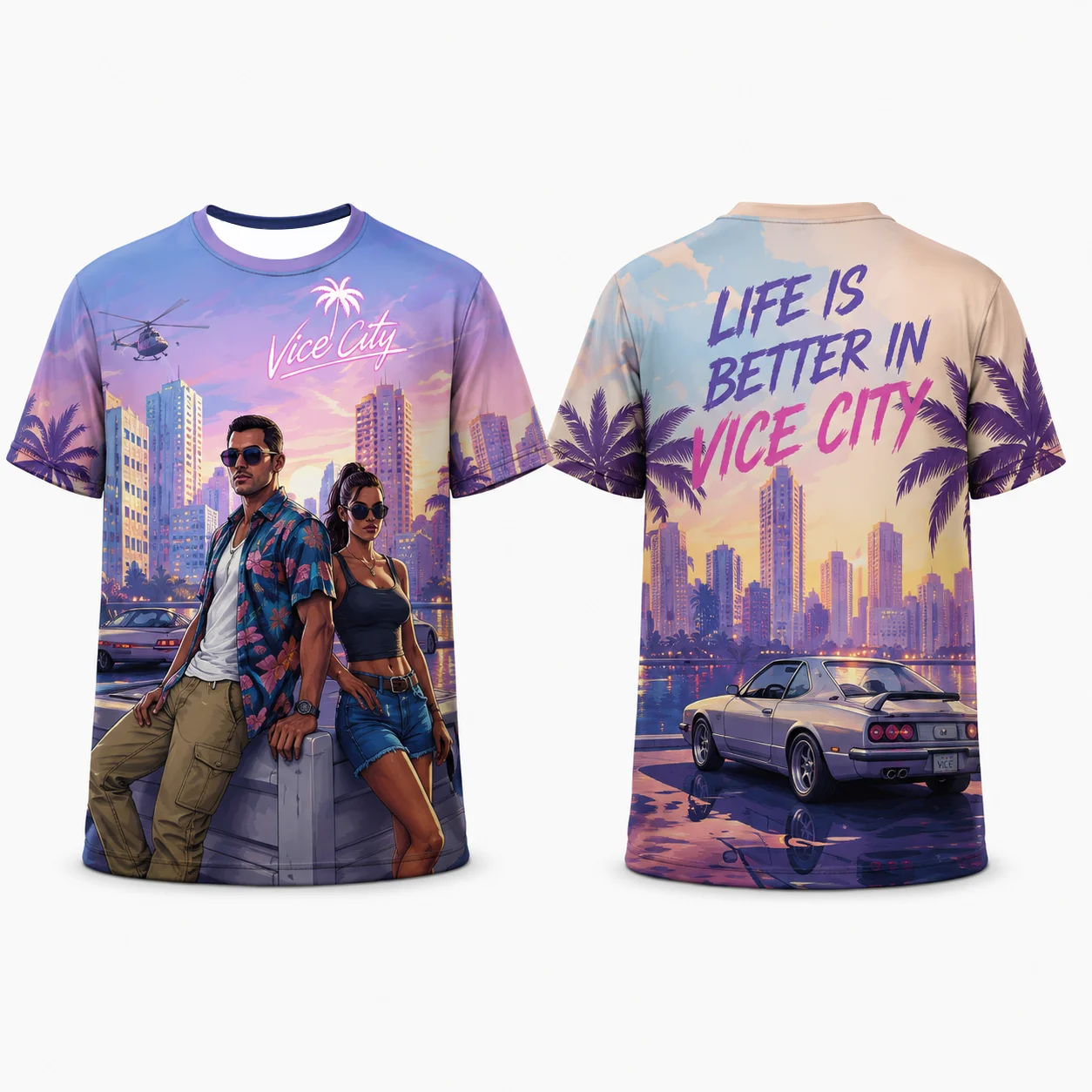 Vice City Retro Synthwave Doppelseitig bedrucktes T-Shirt, Unisex, Miami Palm Tree, Sport-T-Shirt, atmungsaktives Mesh, schnell trocknendes Streetwear-Oberteil – Detail 6