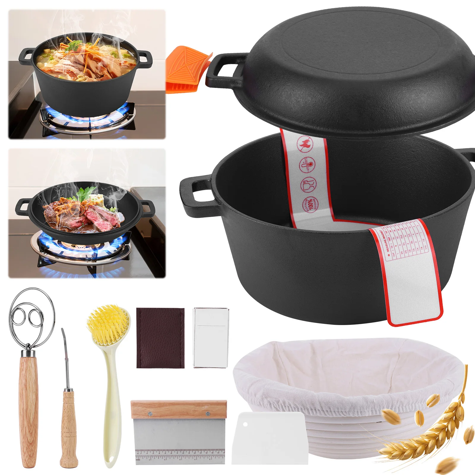 

Cast Iron Dutch Oven Set with Skillet Lid Bread Dutch Oven Pot Silicone Handles Fermentation Basket Pot Set for Campfire Cooking