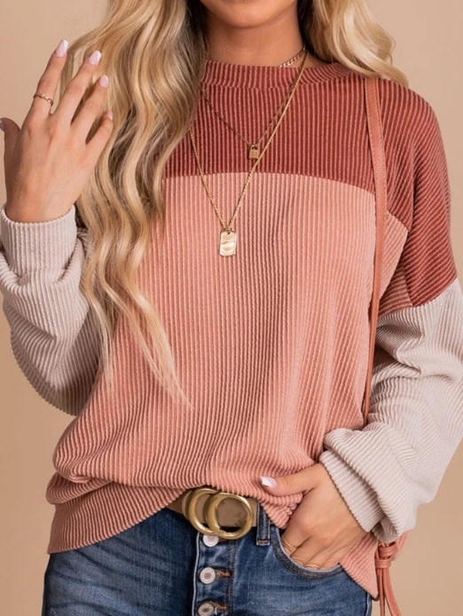 

Women's Sweatshirt Top for 2024 Autumn and Winter Pullover Casual Colorblock Patchwork Round Neck Long Sleeved Sweatshirt