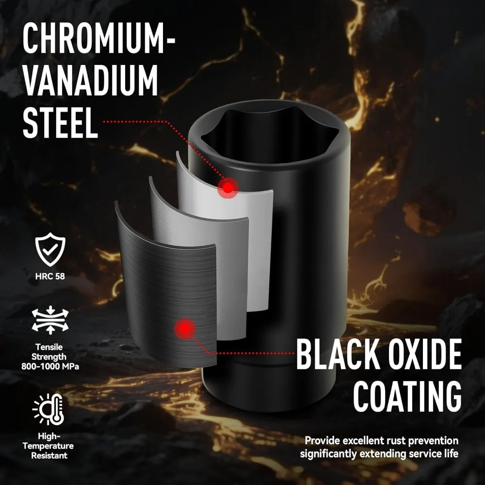 19ピース 1/2インチ SAE インパクトソケットセット、ディープソケット 3/8インチ～1-1/2インチ、Cr-V鋼、耐久性のあるケース