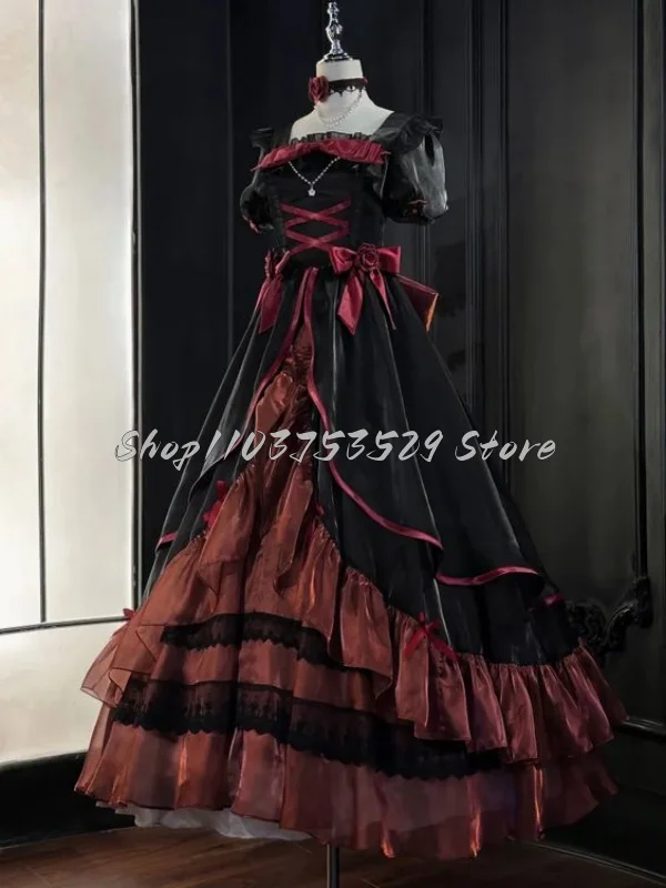 Vintage Black Red Victorian Prom Dresses Square Neck Short Sleeve Ruched Bow Tie Corset A-Line Tiered Masquerade Gowns