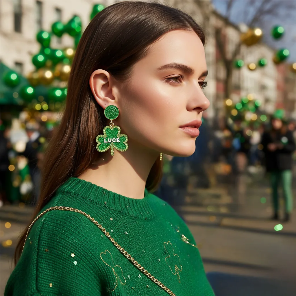 St. Patrick's Letter Clover Earrings Alloy Drop Oil Diamond Irish Green Carnival LUCK Earrings