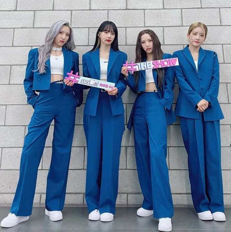 

Korean Pop Trend Girls' Universe Easy Group Singing Suit Blue Campus Games Jazz Stage Performance Outwear Coat Trousers Set