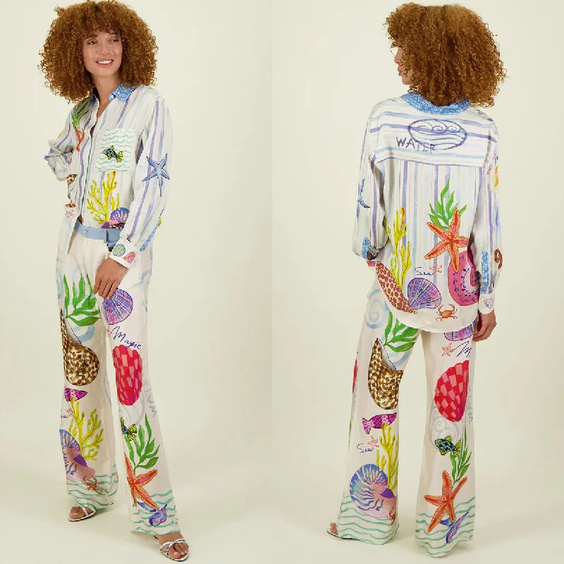 2024 New Satin Floral Graffiti Print Casual Shirt and Pants Two-Piece Set