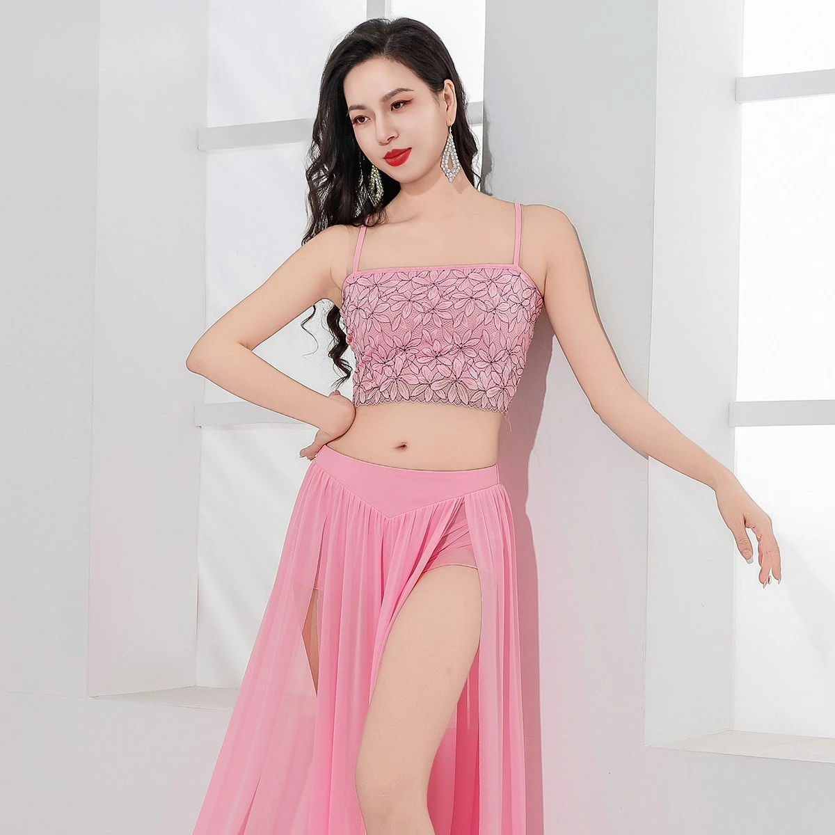 Dance Skim Belly Practice Clothes for Women's Sexy Lace Mesh Long Skirt 3pcs Girls Belly Dancer Performance Costume Suit