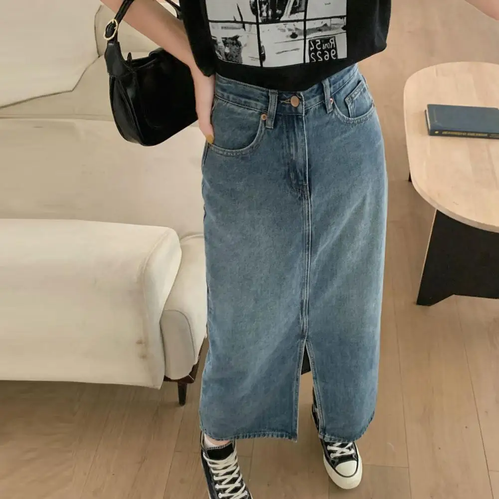 Summer New High-waist Slit Denim Skirt For Women Washed Retro A- line Skirt Hip-covering Straight Long Skirt