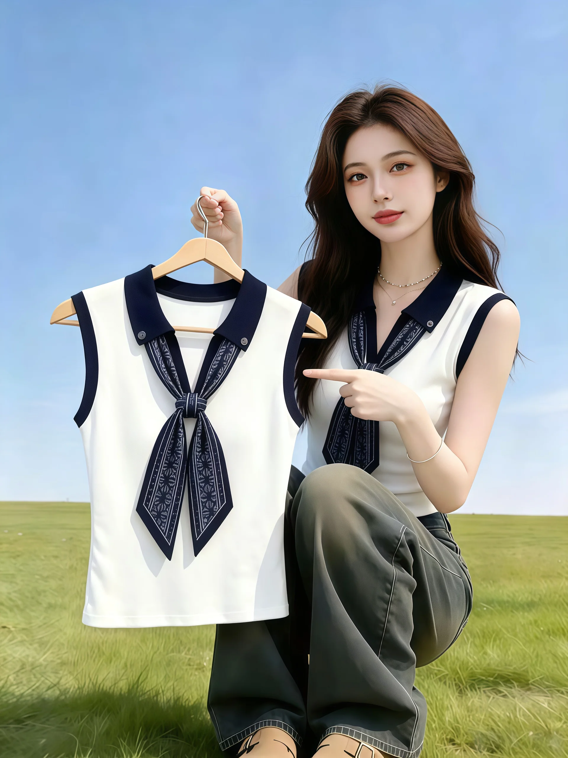 

Fashionable Summer Silk Scarf Neck Knitted Vest Women's Sleeveless Top Straight Cut Korean Style Commute Pure Color
