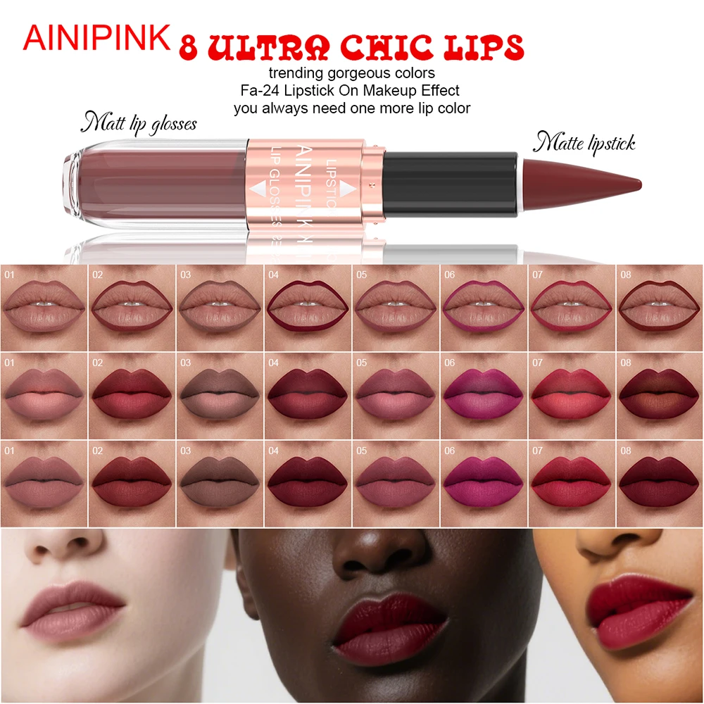 AINIPINK リップスティック+リップグロス 2-in-1 マット仕上げ、防水、色落ちしない、カップにくっつかない、保湿、完璧なメイクアップの選択肢