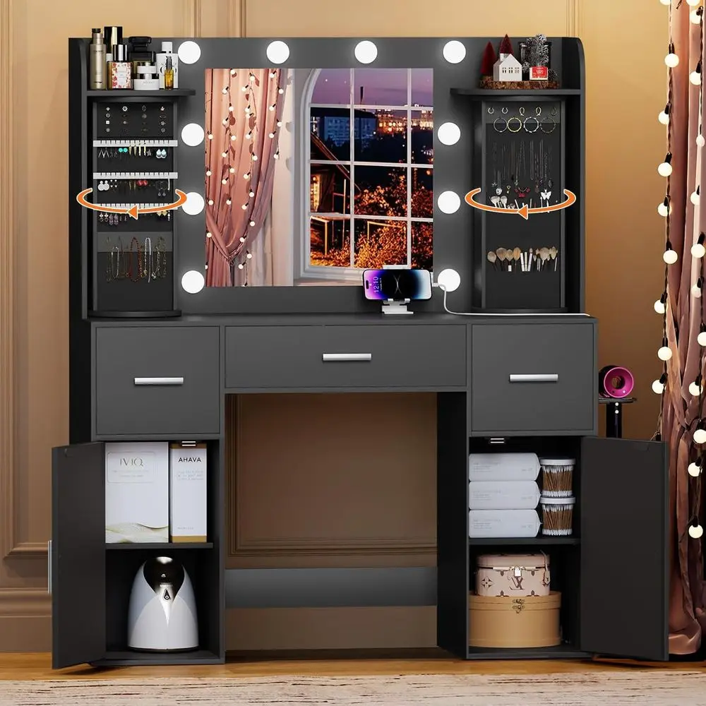 Lighted Makeup Vanity Desk with Storage, Rotating Organizers, USB-C Charging, 3 Drawers & 2 Cabinets, Bedroom & Living Room, Bla