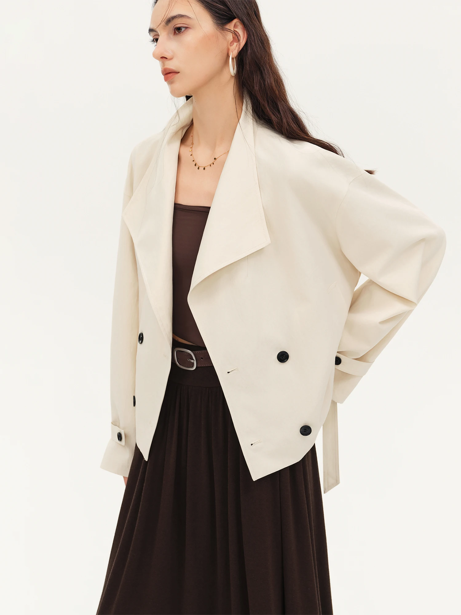 ZIQIAO 2026 Fall Women's Cropped Double-Breasted Trench Coat, Notched Lapel Belted H-Line Short Jacket for Vintage Chic Style