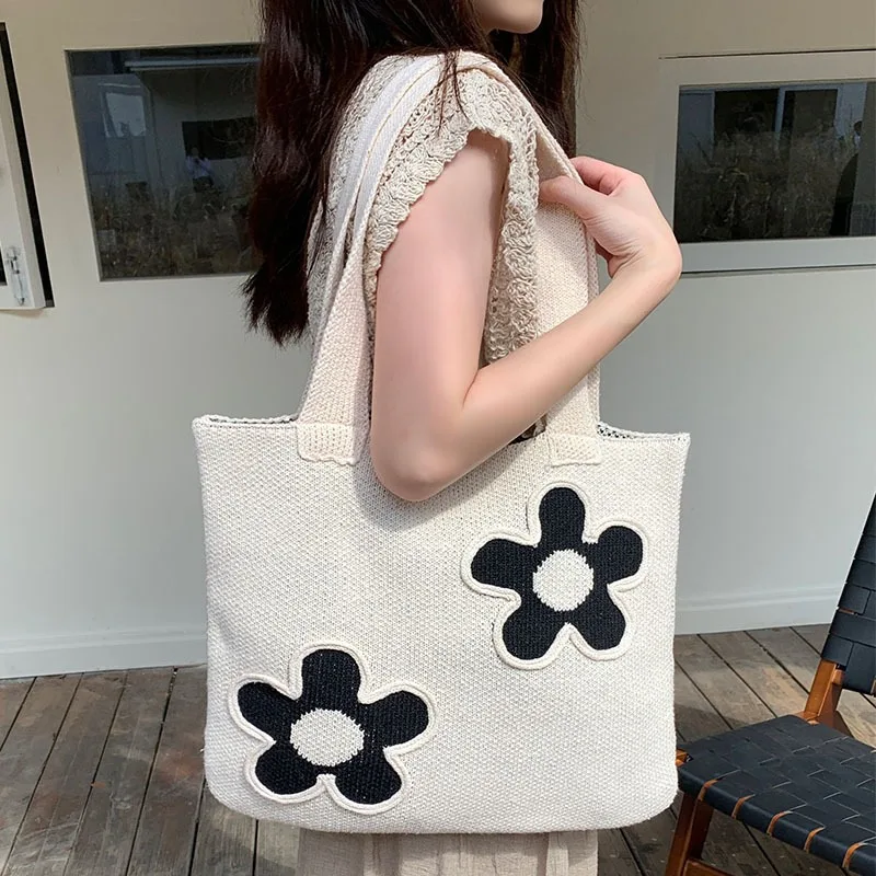

Ins Fashion Sweet Flower Knitted Hollow Tote Bag Large Capacity Shopping Bag Ladies Simple Retro Shoulder Bag Handbag for Women
