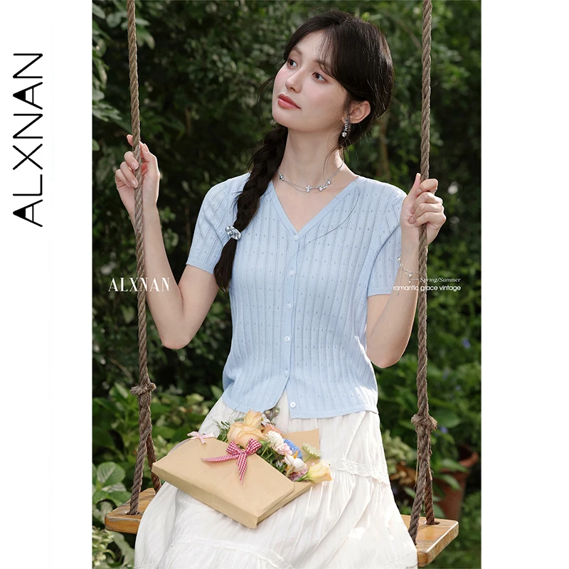 

ALXNAN женские футболки светло-голубые тонкие вязаные свитера с v-образным вырезом и короткими рукавами, лето 2025 г., элегантные офисные женские повседневные топы L56627