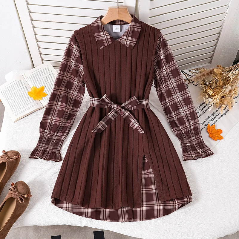 Conjunto de dos piezas para niñas de 8 a 12 años, primavera/otoño, vestido camisero de manga larga a cuadros con chaleco sin mangas de punto y cinturón a juego.