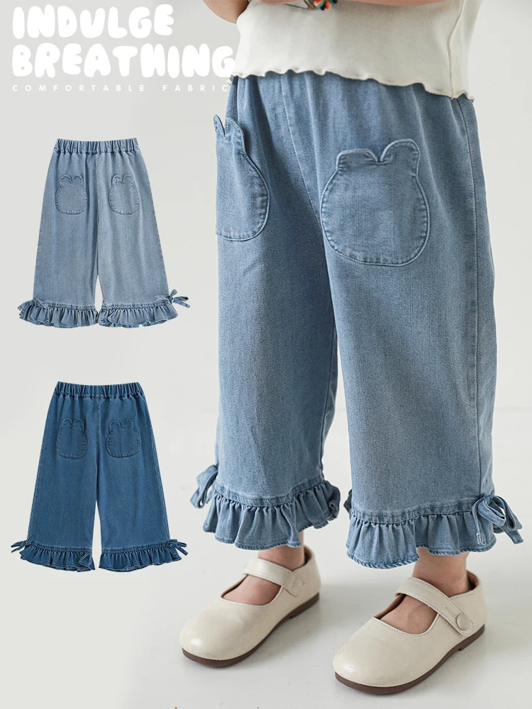 Girls' Solid Color Jeans Cute Playful Summer Light  Thin Soft Rabbit Pockets Ruffled Lace Straight Leg Pants